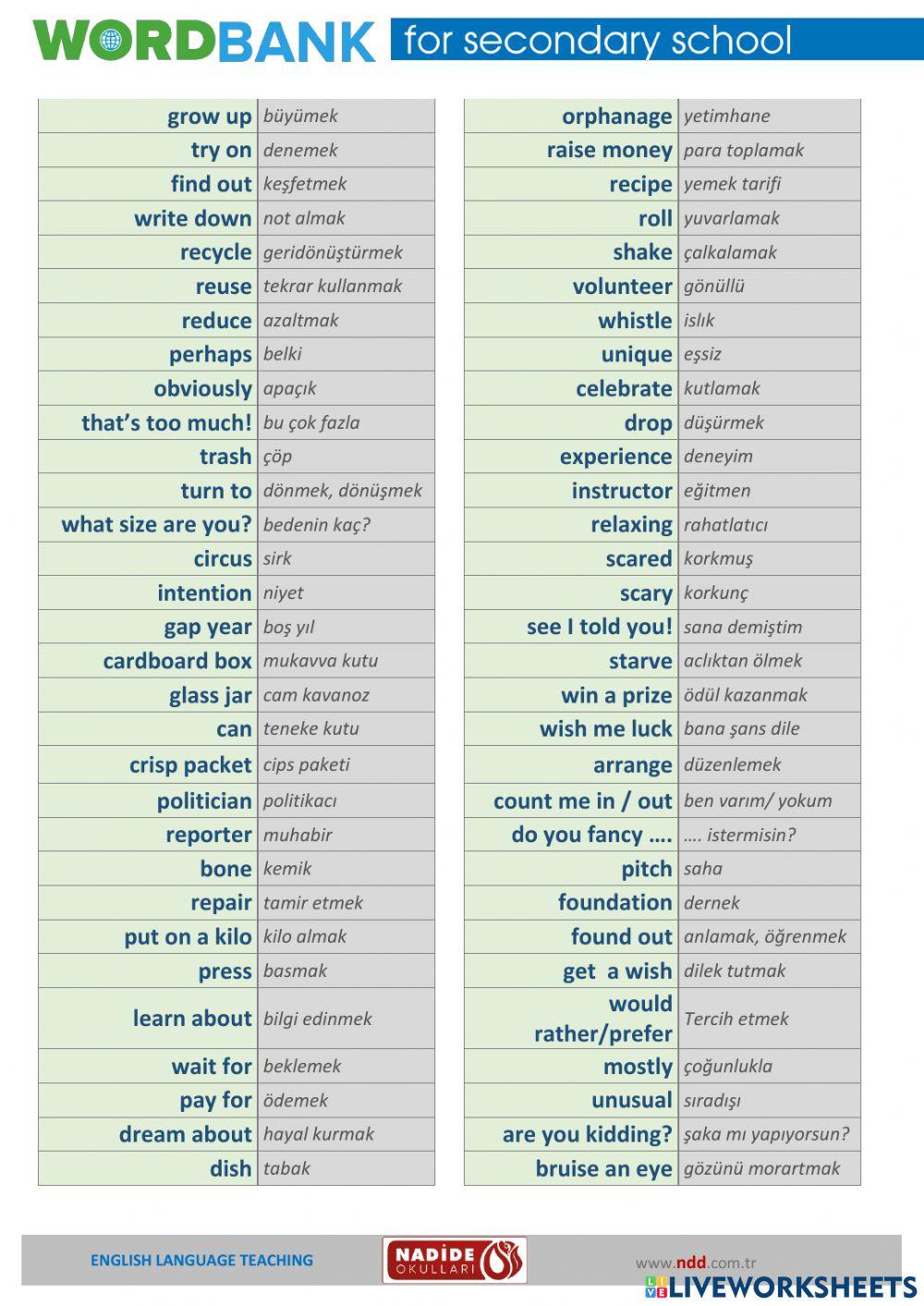 Wordbank 2021-2022 for 6th Grades