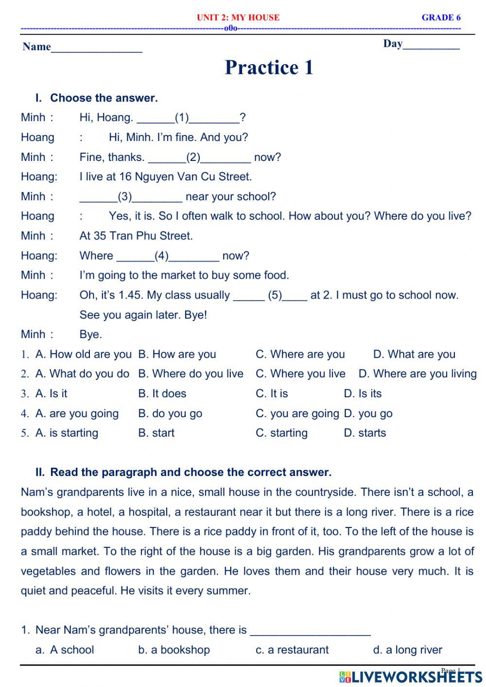 English 6 - Unit 2 - My home - Practice 2.1