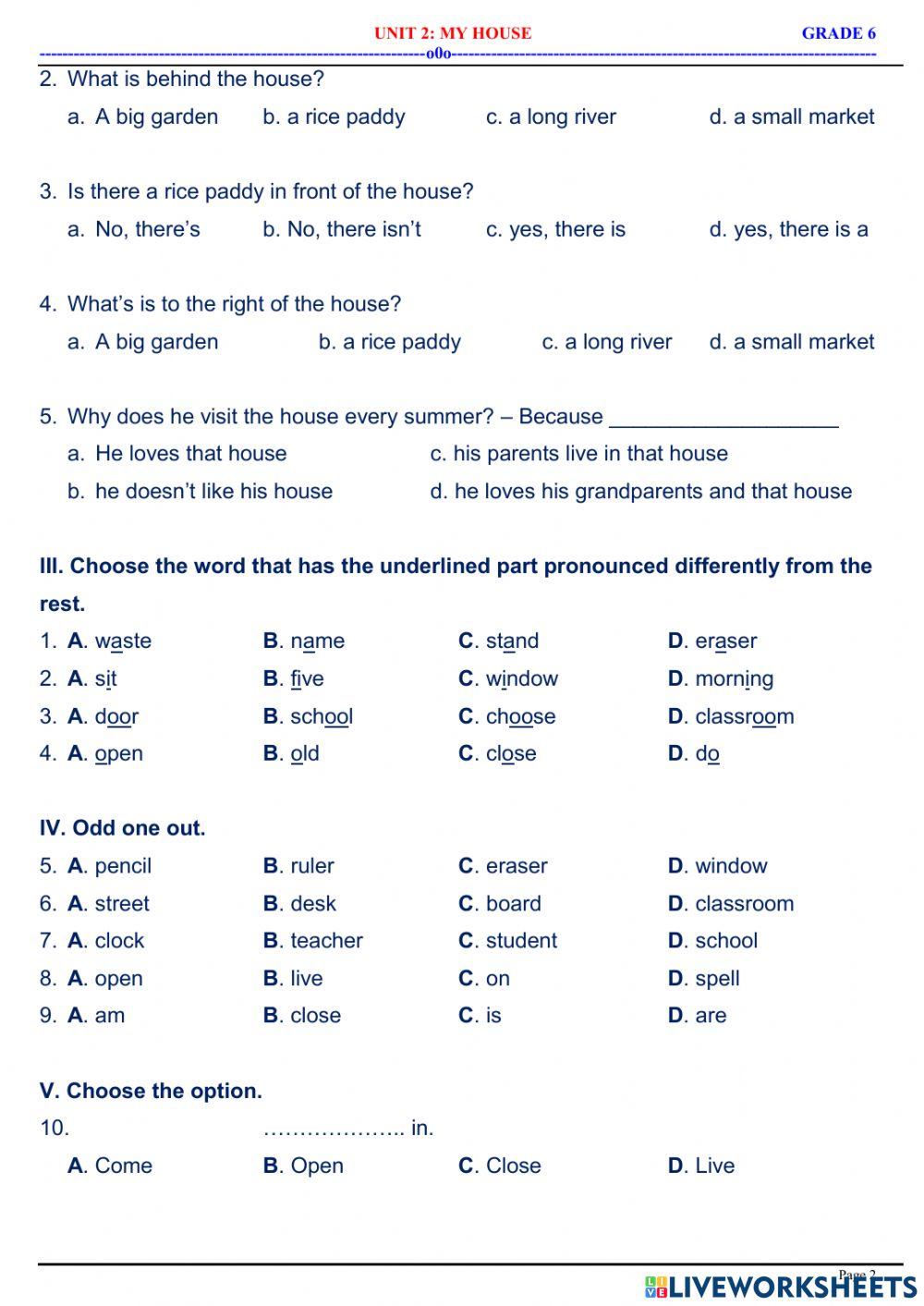 English 6 - Unit 2 - My home - Practice 2.1