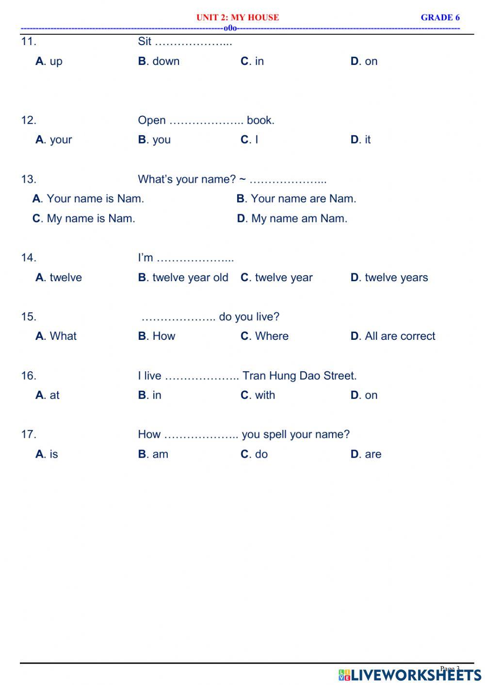 English 6 - Unit 2 - My home - Practice 2.1