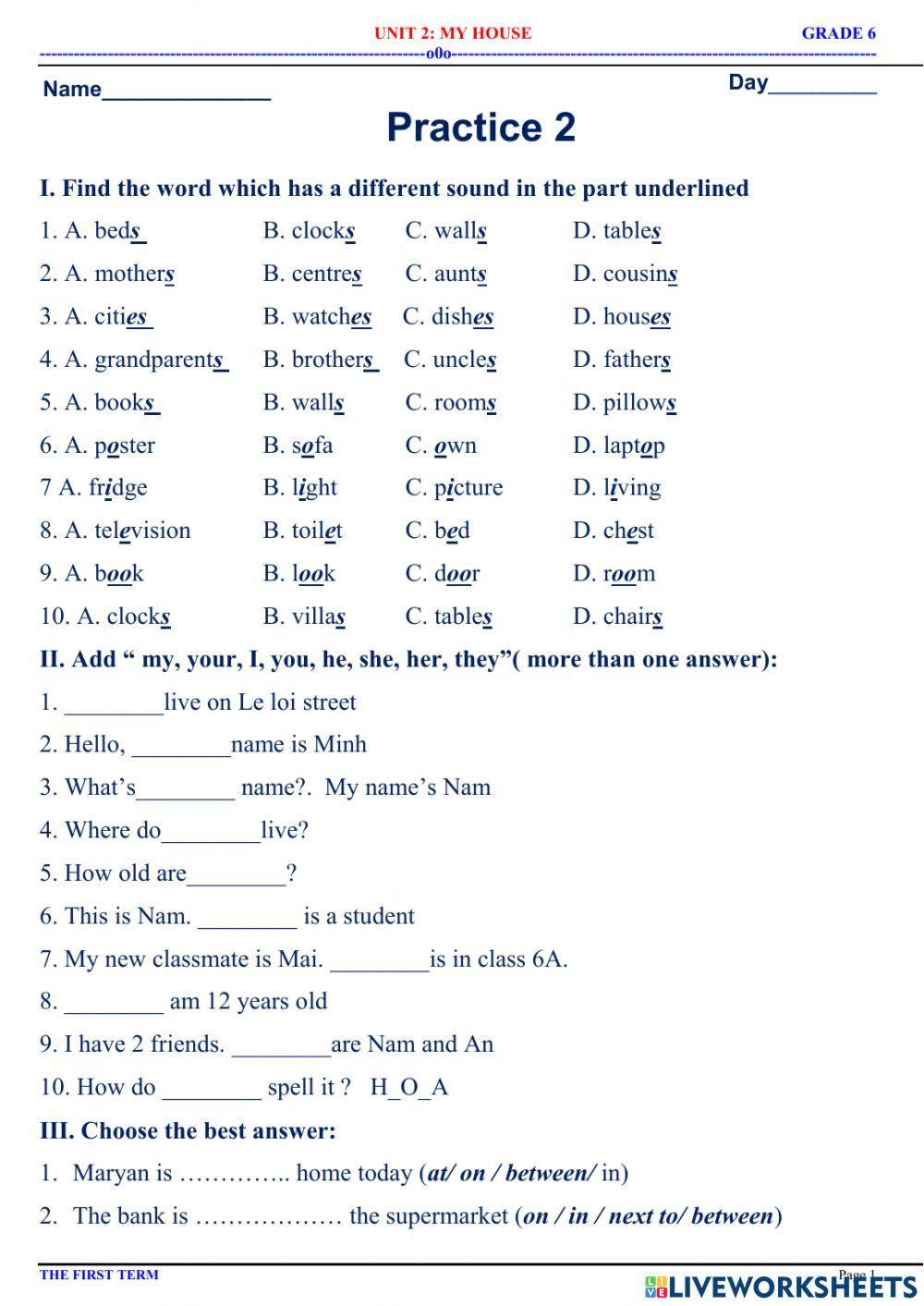 English 6 - Unit 2 - My home - Practice 2.2
