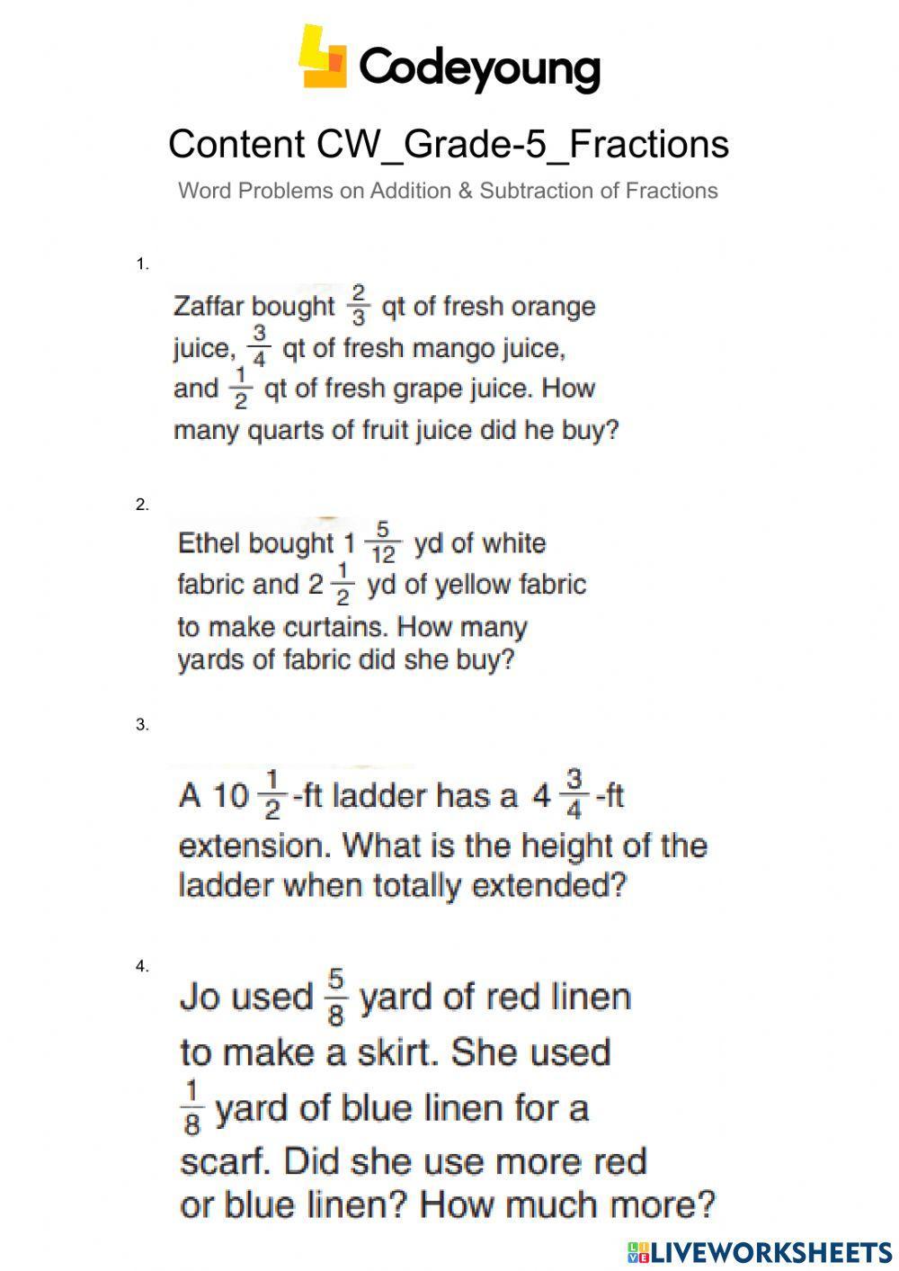 Content-CW-Word Problems on Addition & Subtraction of Fractions