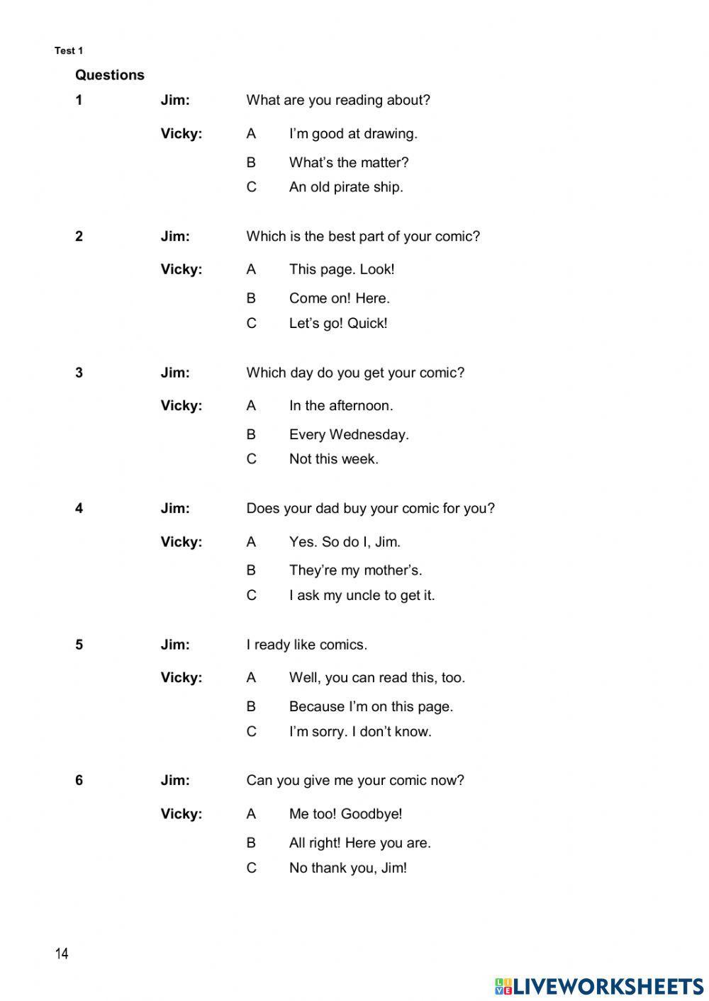Movers 2 Test 1 Reading and Writing