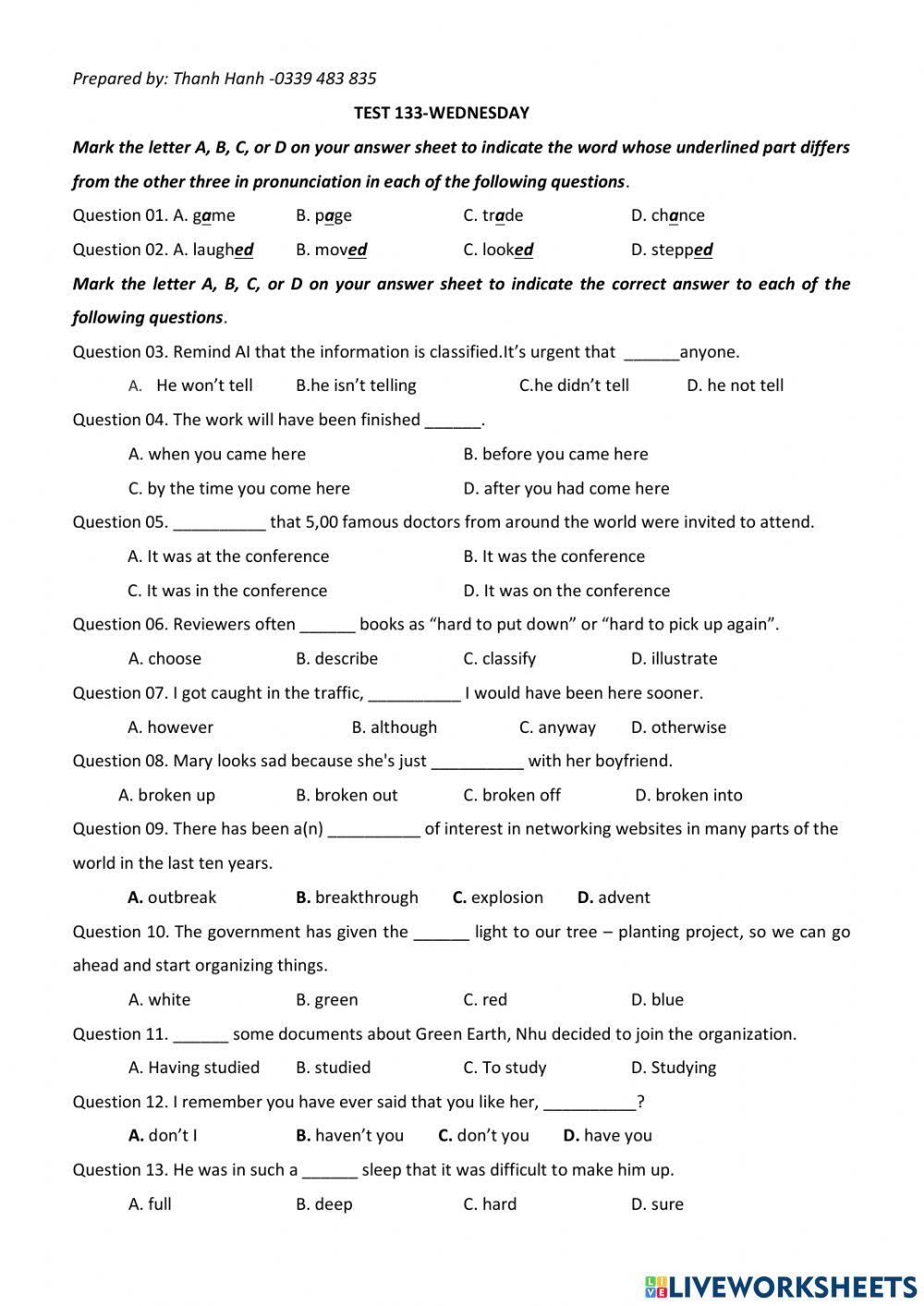 Test 133 t4 worksheet | Live Worksheets