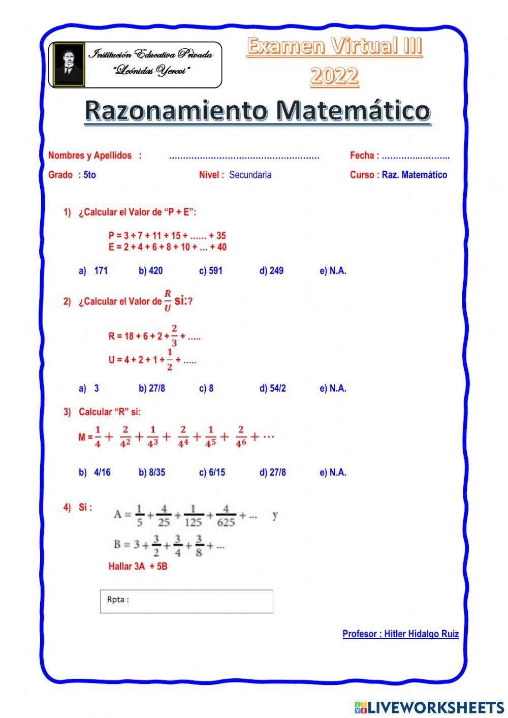 Raz. Matemático 5to Sec