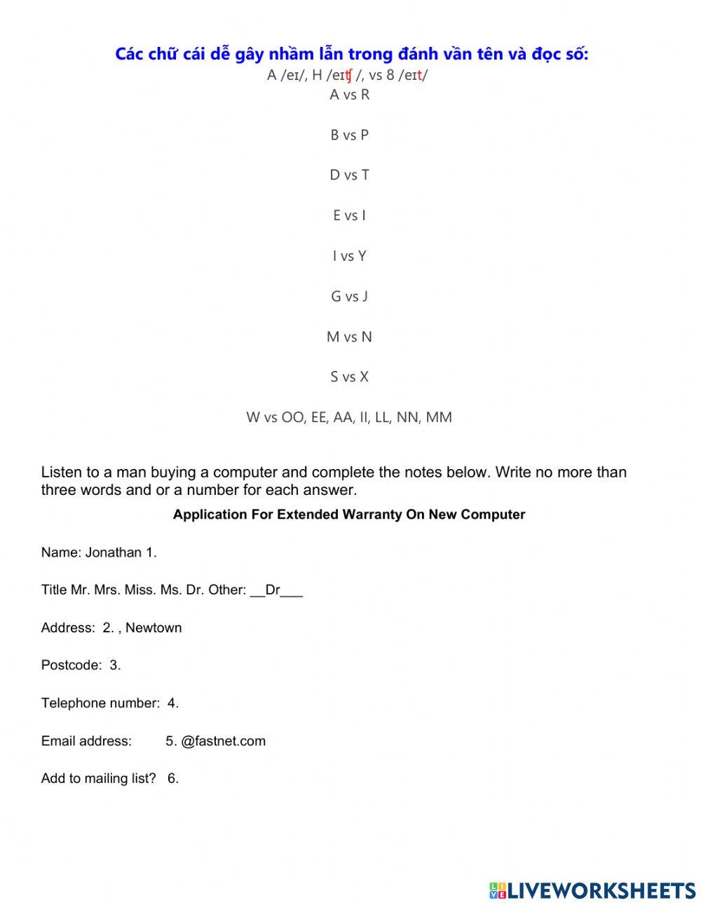 Name spelling ielts listening practice online exercise for live
