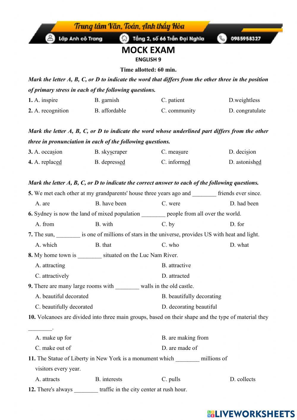 MOCK EXAM- e9- ENGLISH MS TRANG