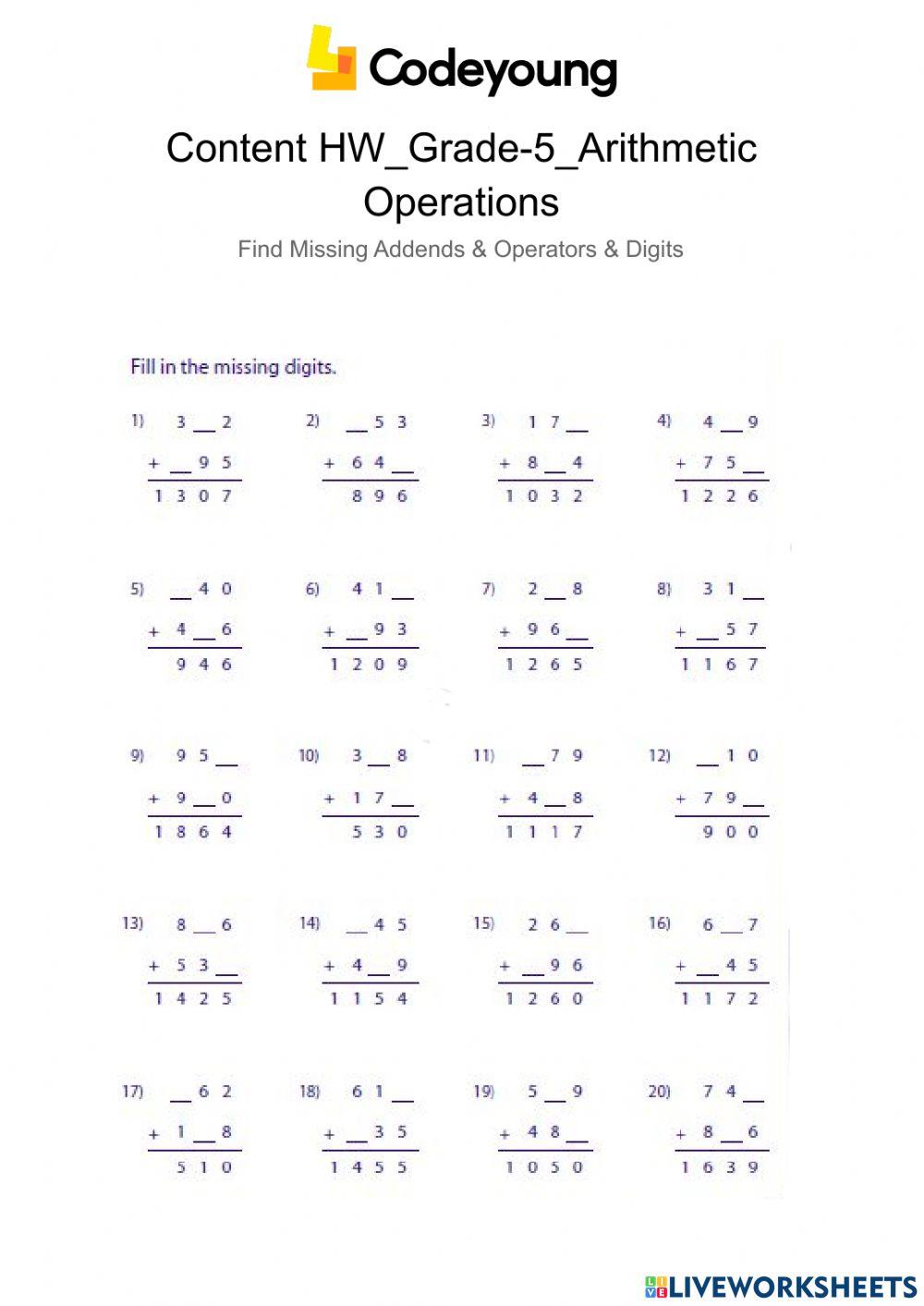Content-HW-Find Missing Addends & Operators & Digits