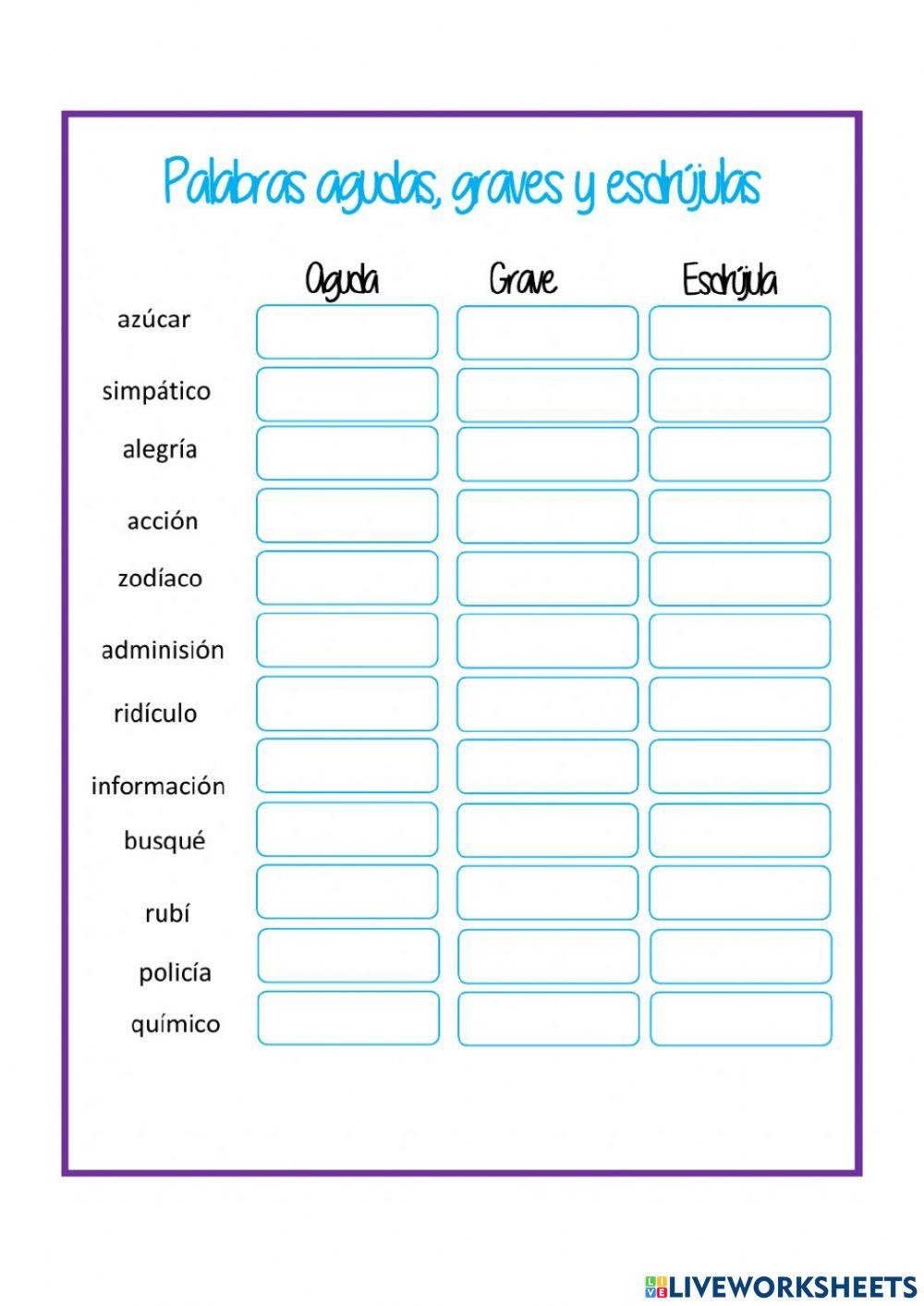 Clasificación palabras agudas llanas y esdrujulas