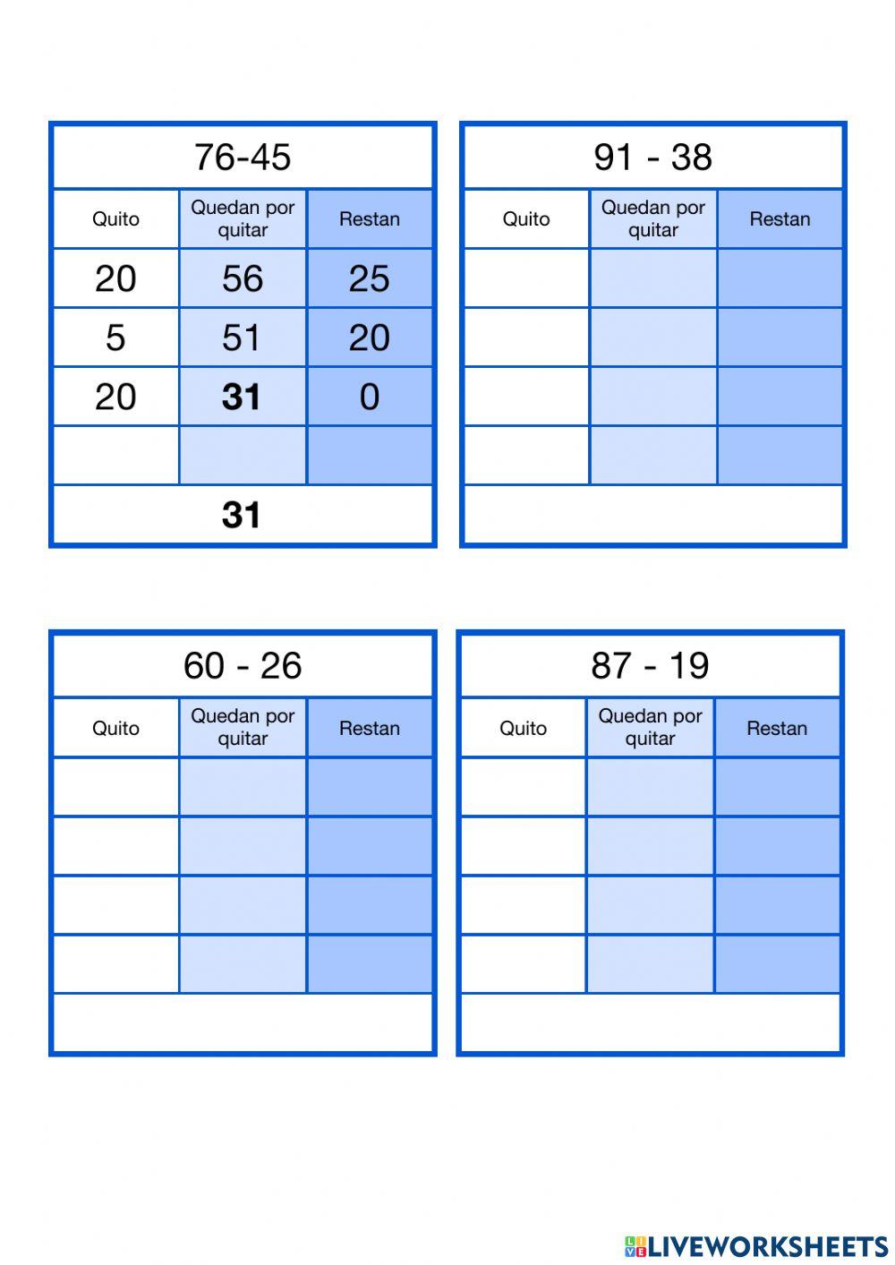 Restas detracc decenas