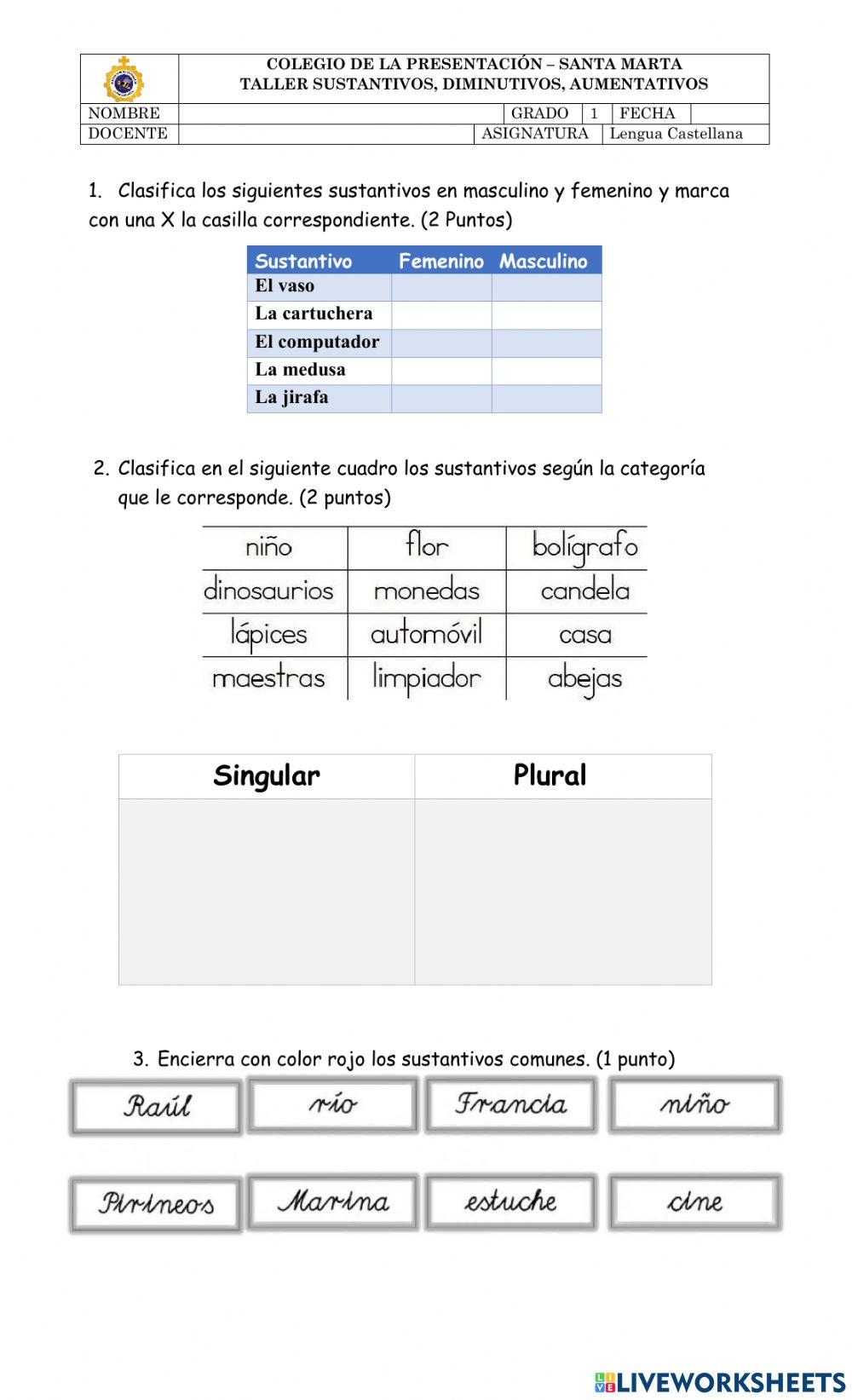 Actividad evaluativa Sustantivos, aumentativos y diminutivos