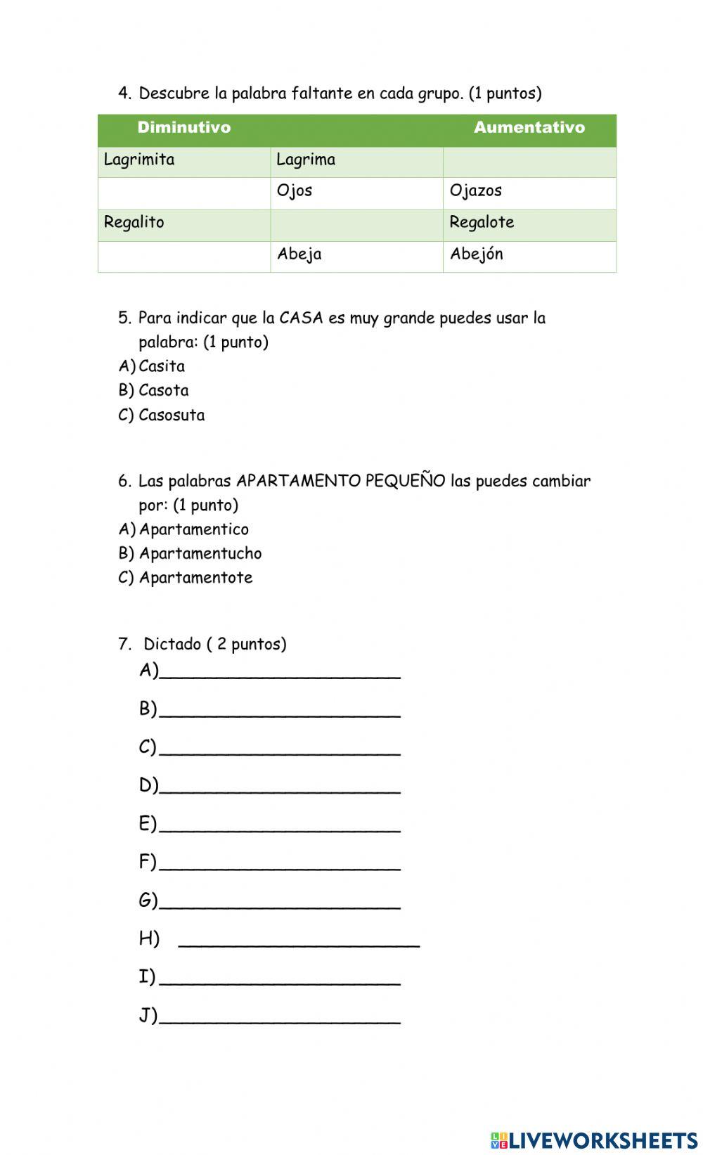 Actividad evaluativa Sustantivos, aumentativos y diminutivos