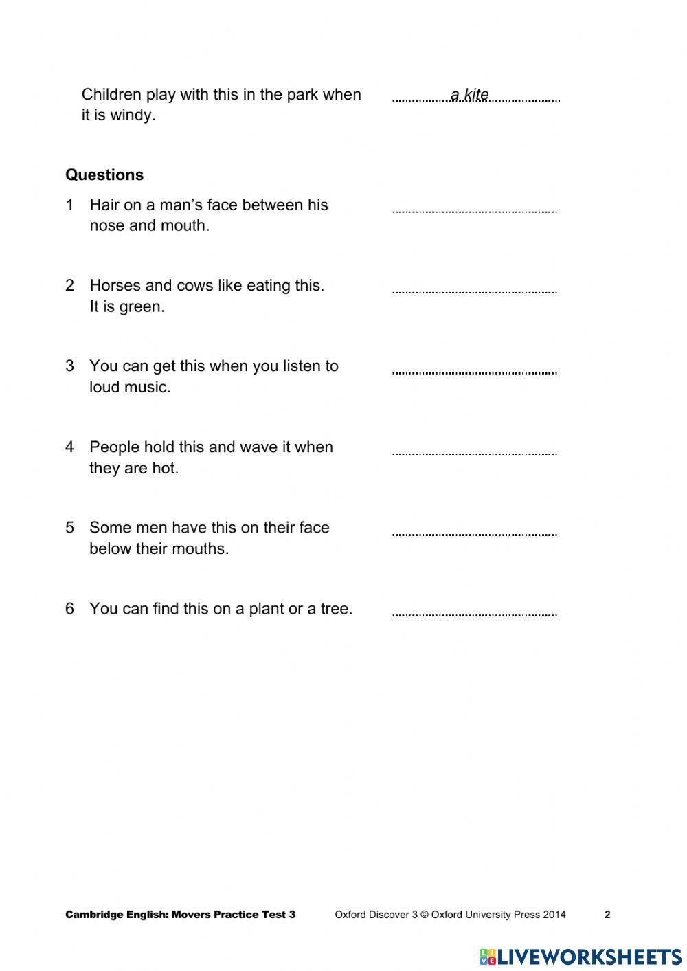 Movers Practice - Reading and Writing Part 1