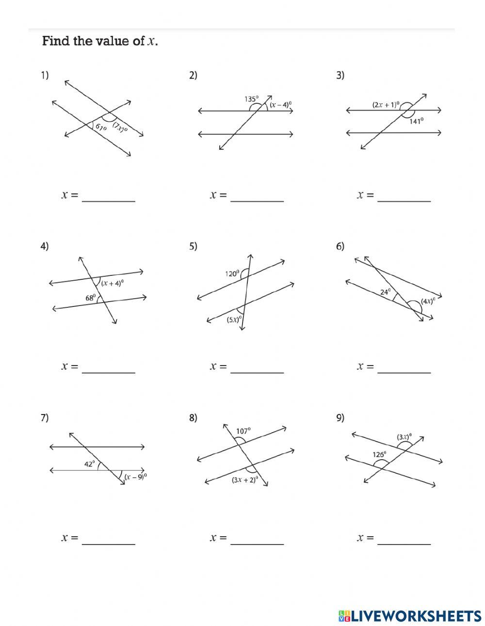 Unknown angles and algebra online exercise for live worksheets