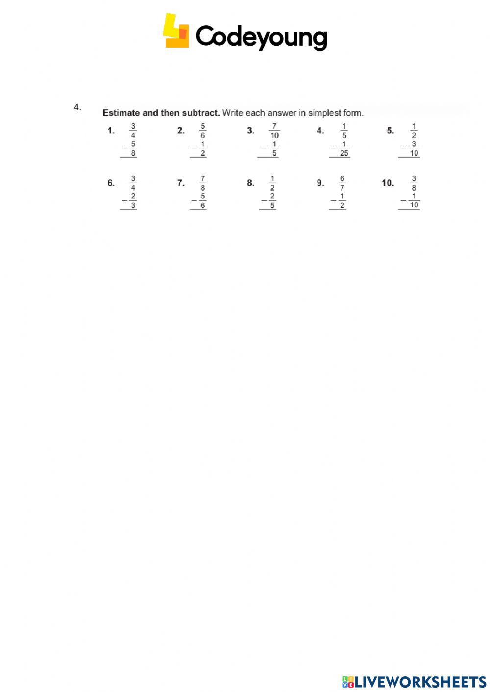 Content Worksheet-Addition and Subtraction of Unlike Fraction