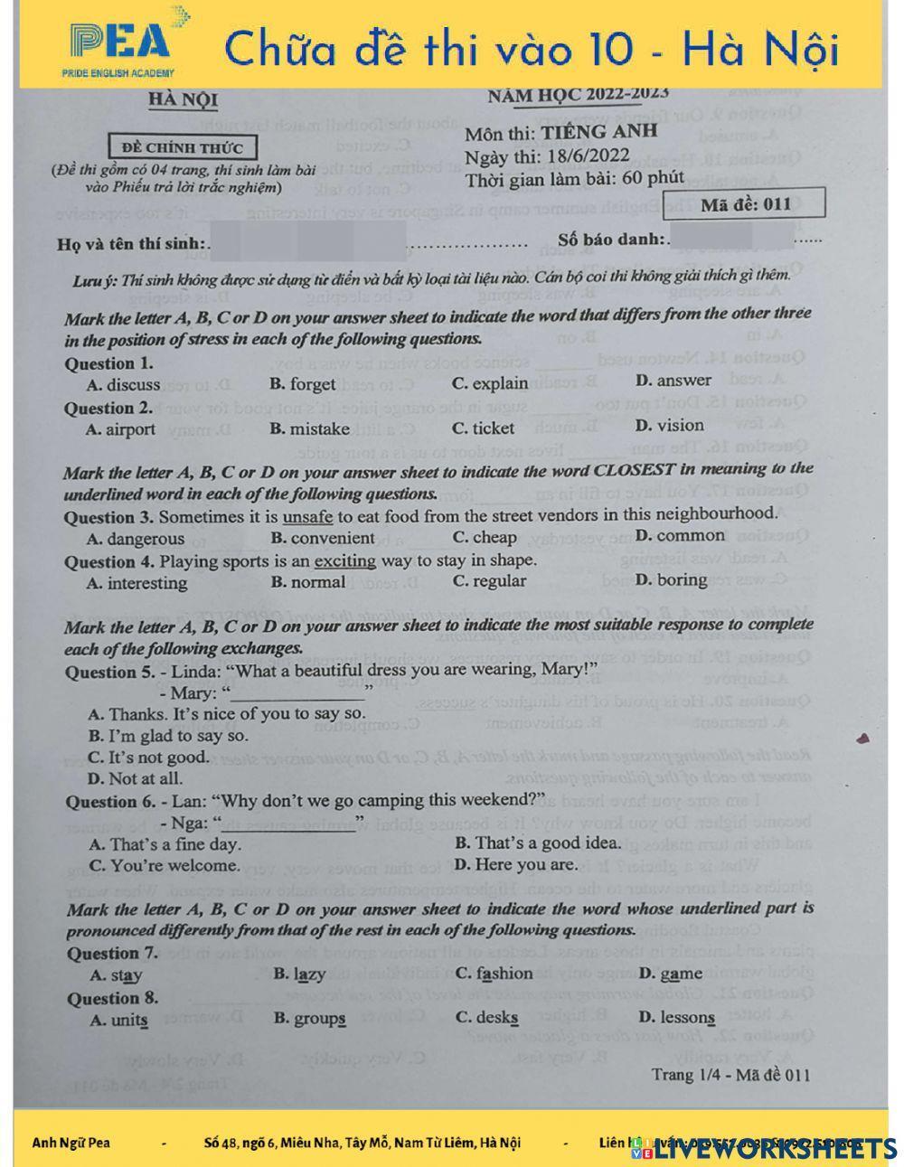 Đề thi tuyển sinh lớp 10 năm 2022-2023