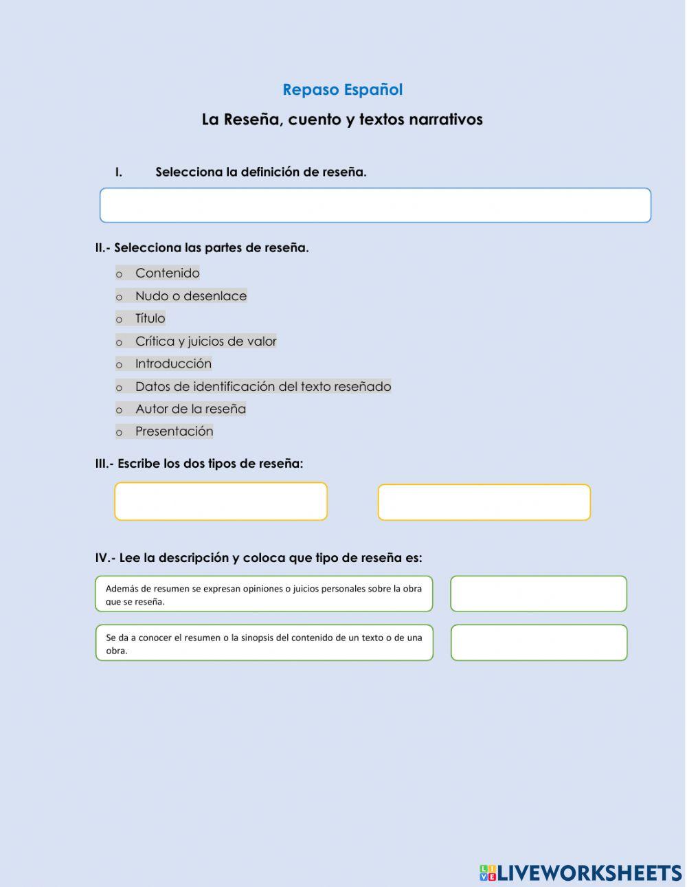 La reseña, cuento y textos narrativos