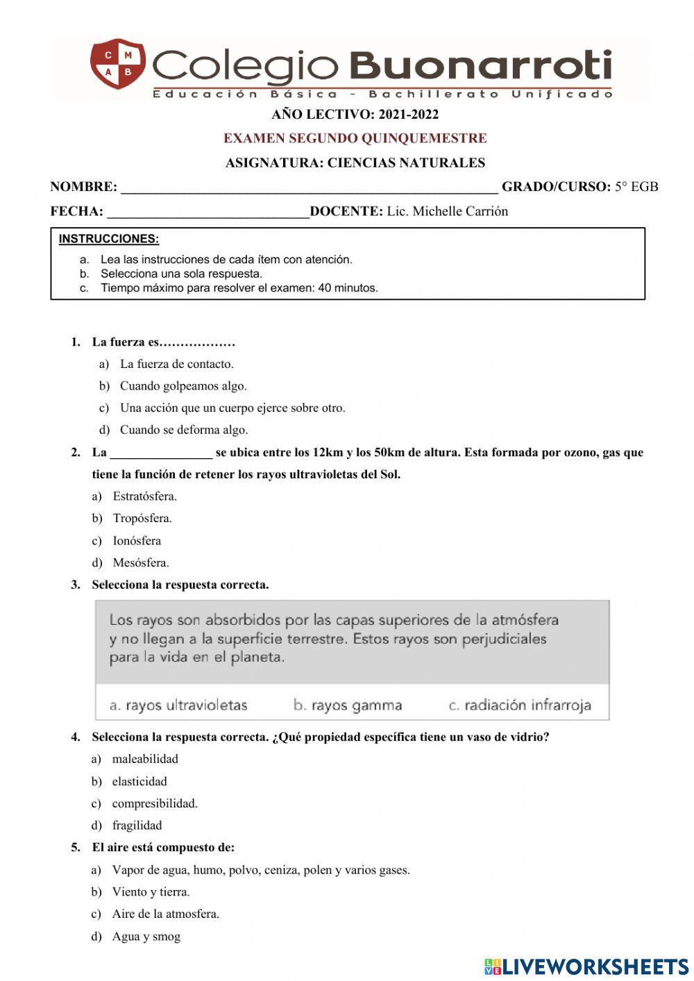 Examen 2do q ciencias naturales 5to