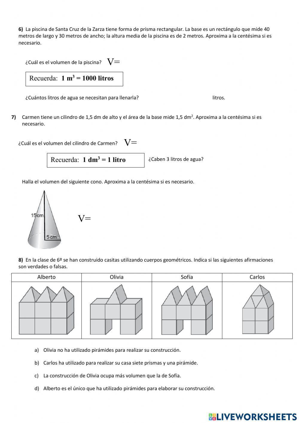 Examen unidad 12 matemáticas. Volumen
