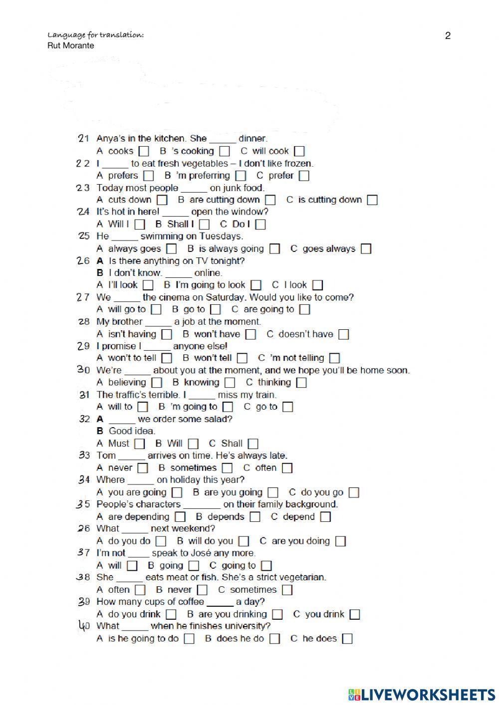 English file intermediate unit 1 and 2 test
