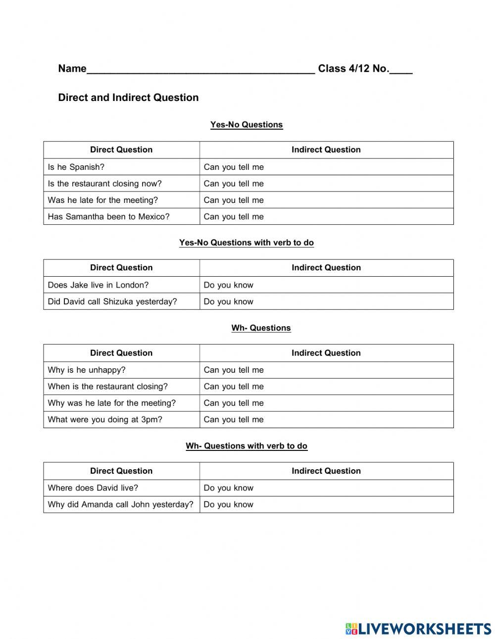 Direct and indirect questions online exercise for live worksheets