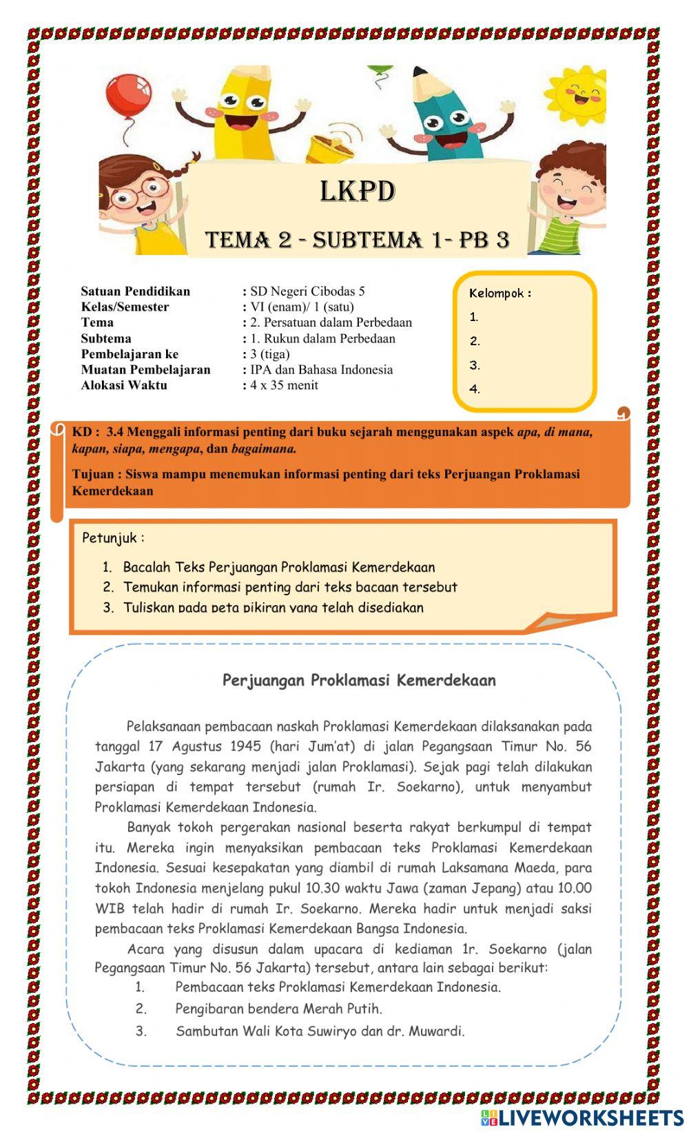 LKPD TEMA 2 SUBTEMA 1 PB 1 activity | Live Worksheets
