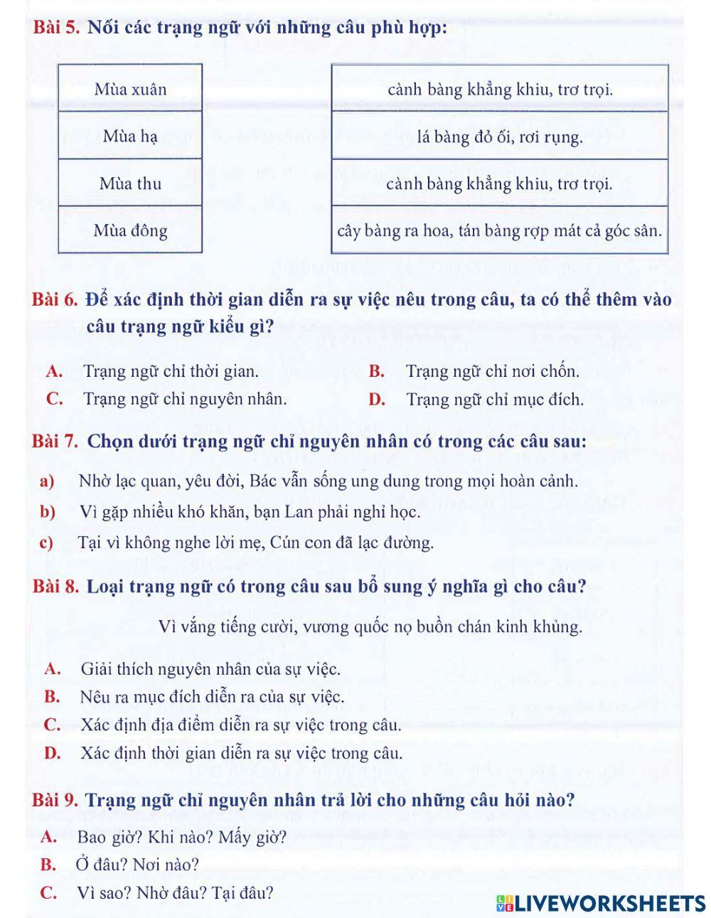 Tiếng Việt 4 lên 5 - Dạng 5: Trạng ngữ