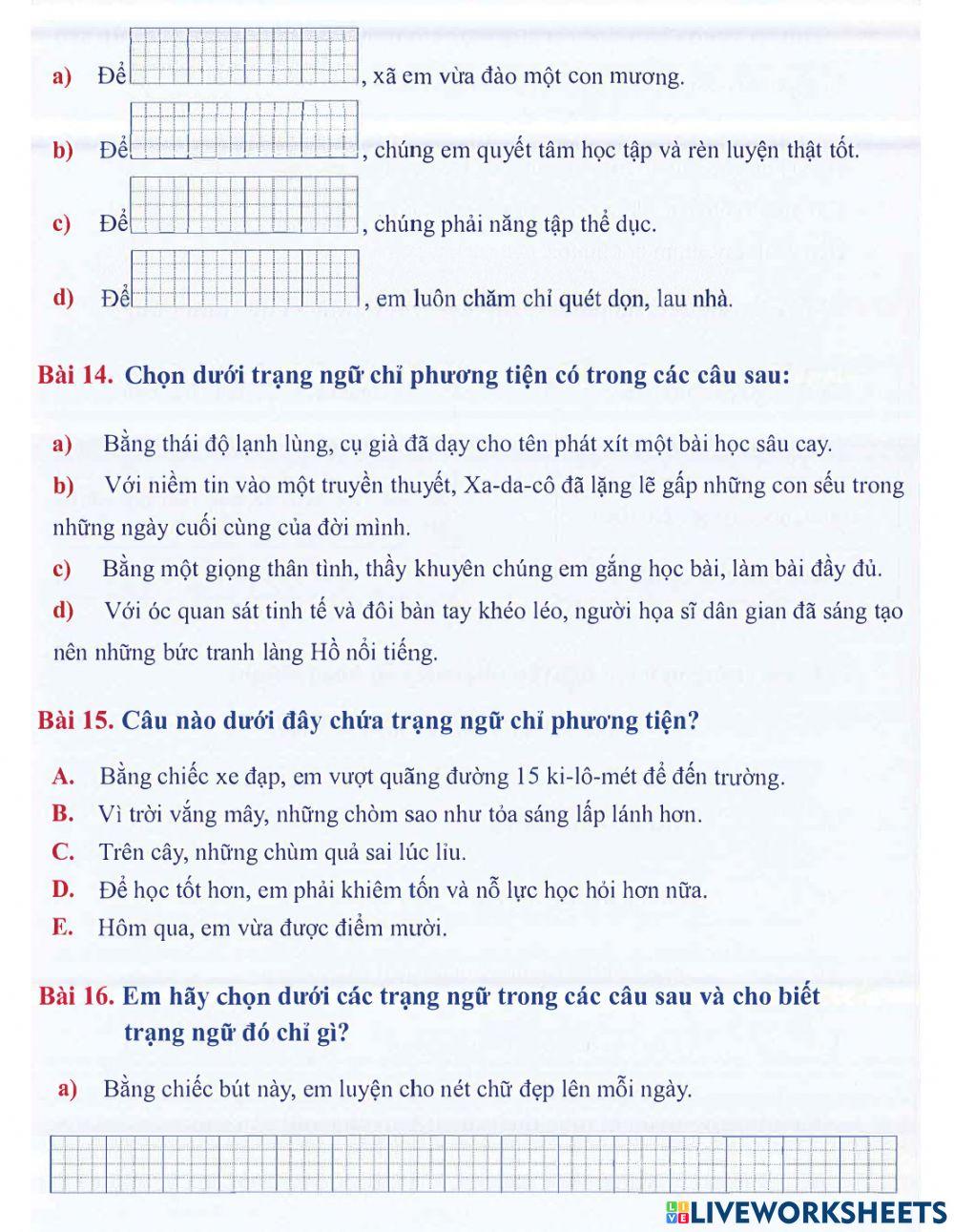 Tiếng Việt 4 lên 5 - Dạng 5: Trạng ngữ