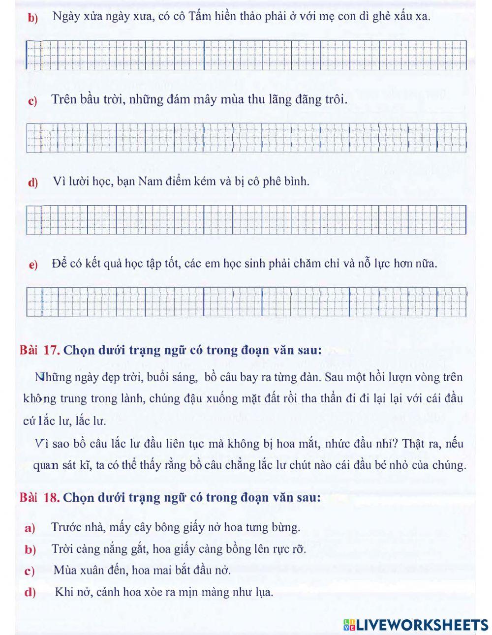 Tiếng Việt 4 lên 5 - Dạng 5: Trạng ngữ