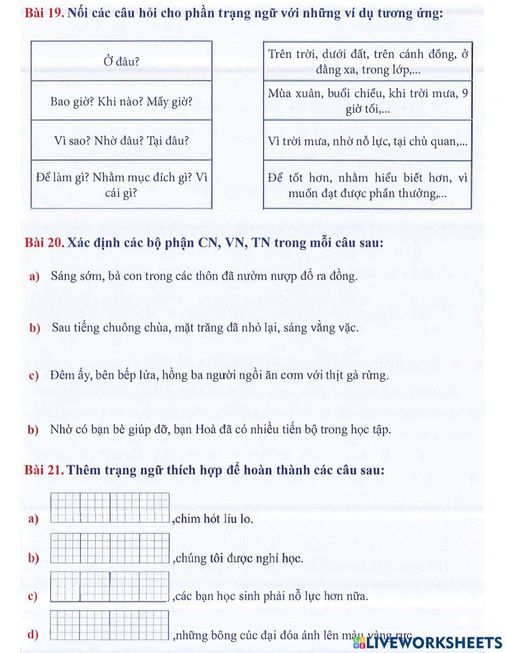 Tiếng Việt 4 lên 5 - Dạng 5: Trạng ngữ