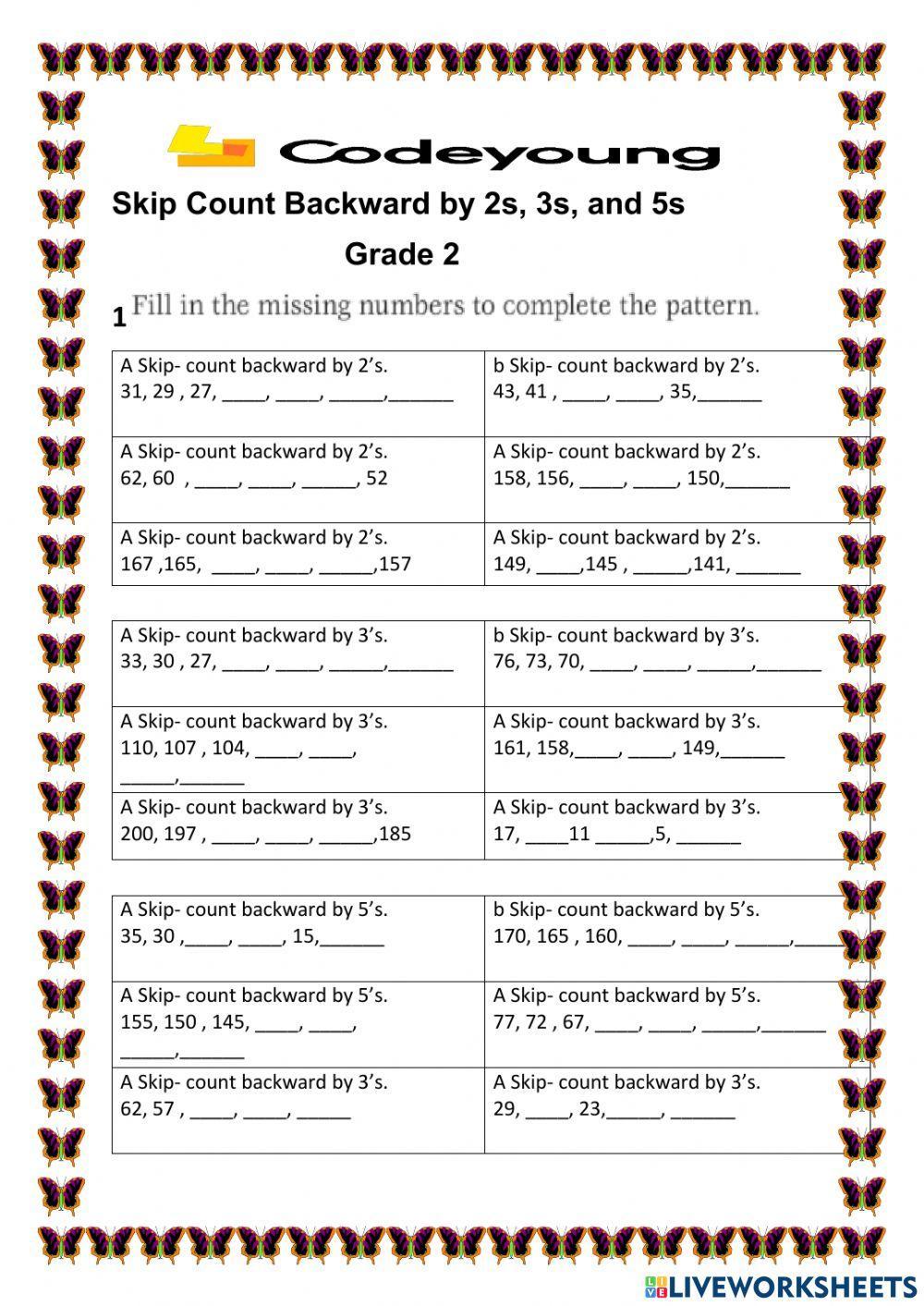 Skip Count Backward by 2s 3s and 5s interactive worksheet Live