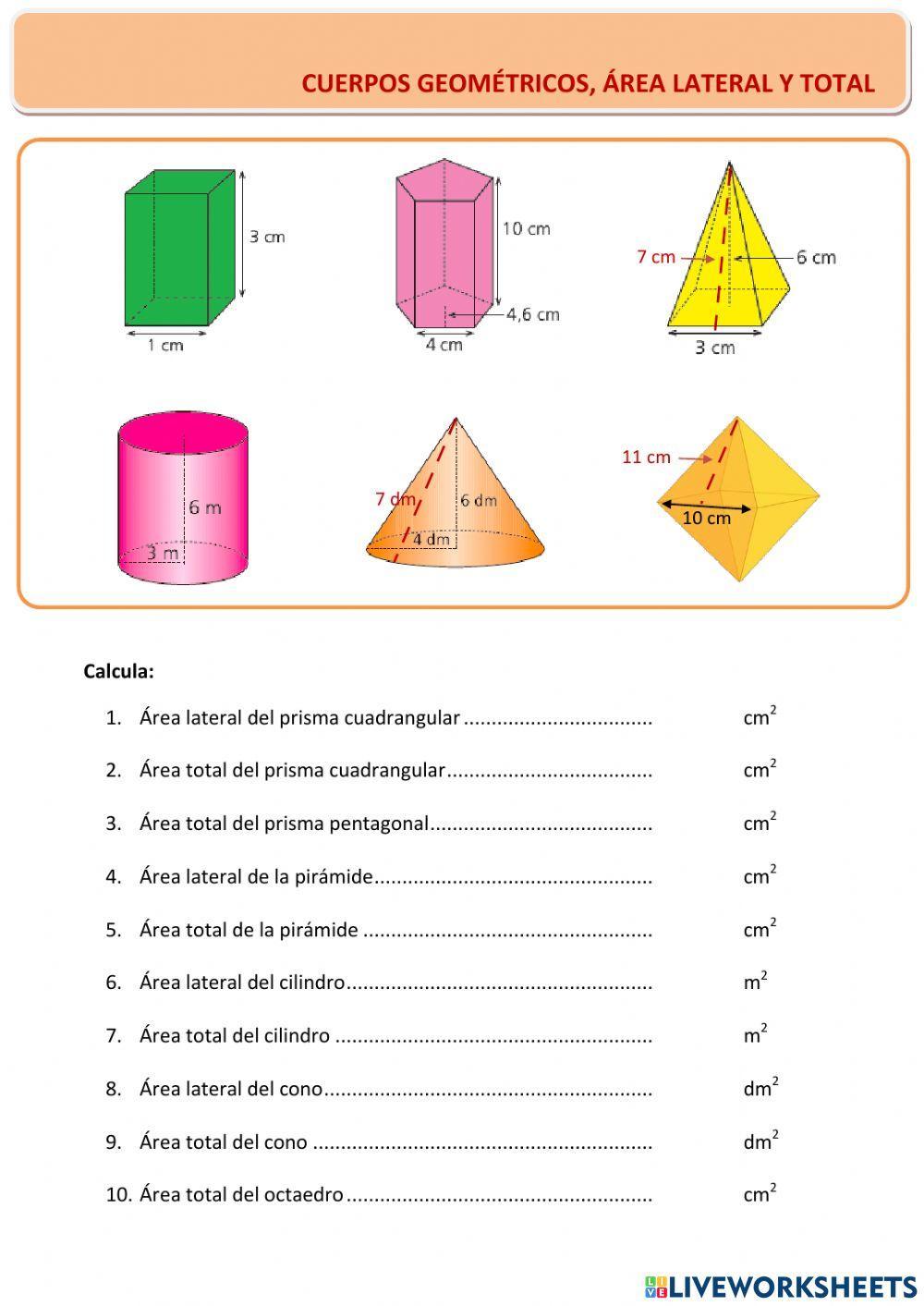 Cuerpos geométricos, área lateral y total