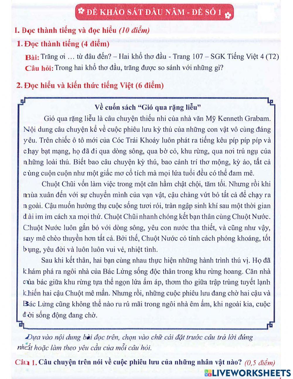 Tiếng Việt 4 lên 5: Đề khảo sát đầu năm số 1