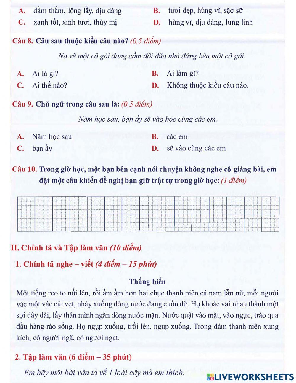 Tiếng Việt 4 lên 5: Đề khảo sát đầu năm số 2