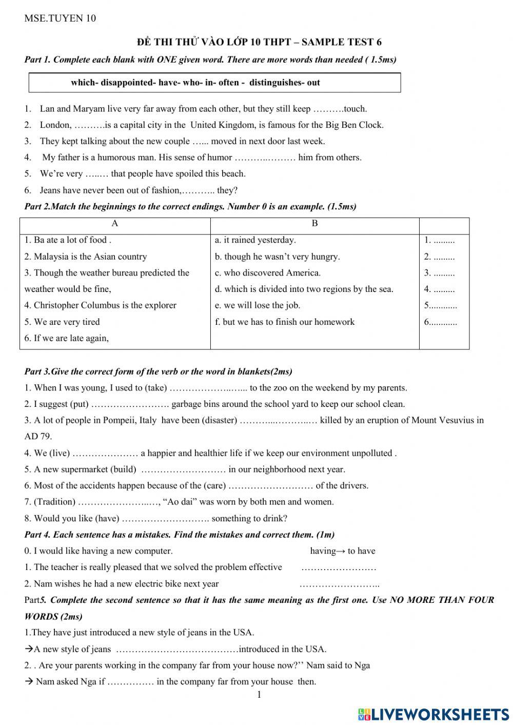 Tuyển sinh 10 - đề 6