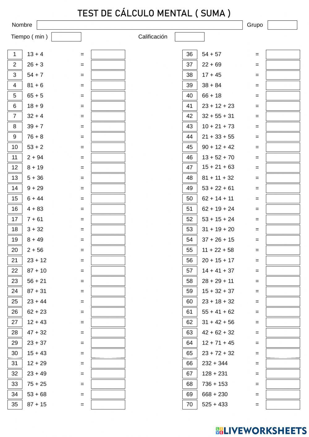 Calculo mental sumas