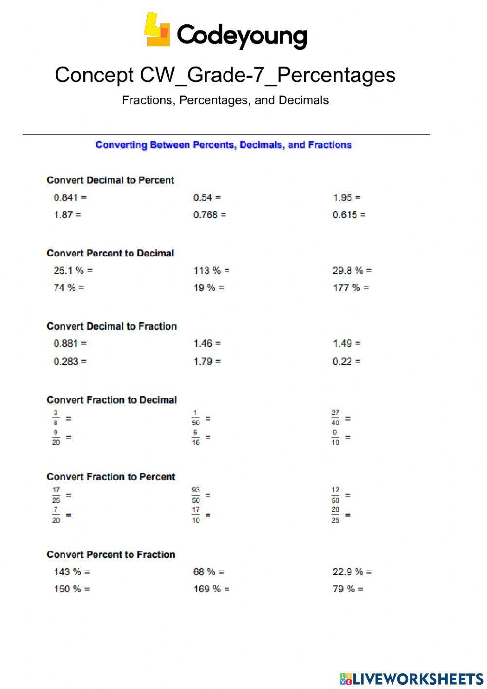 Fractions, Percentages, and Decimals Concept CW..