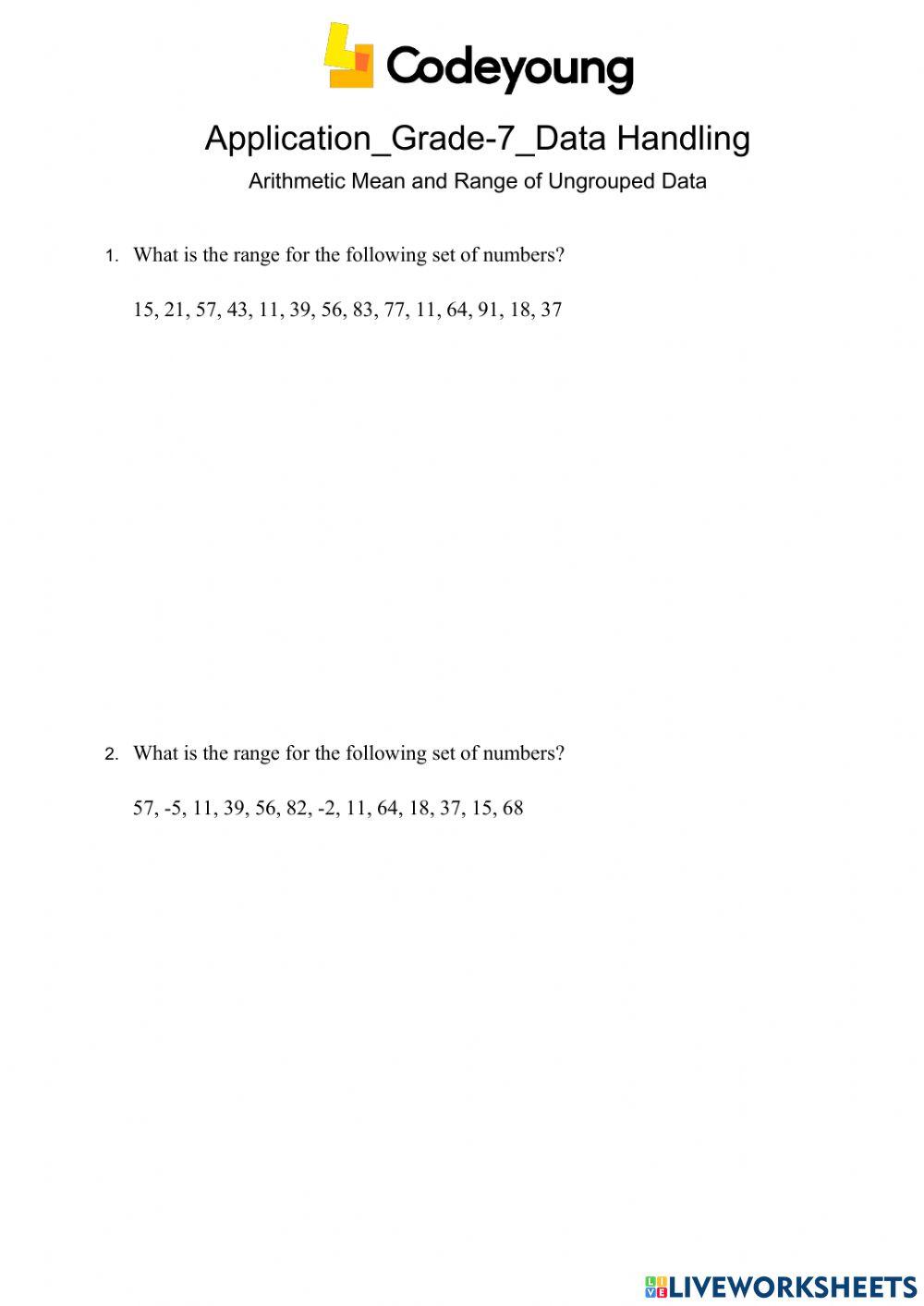 Arithmetic Mean and Range of Ungrouped Data Application worksheet ...