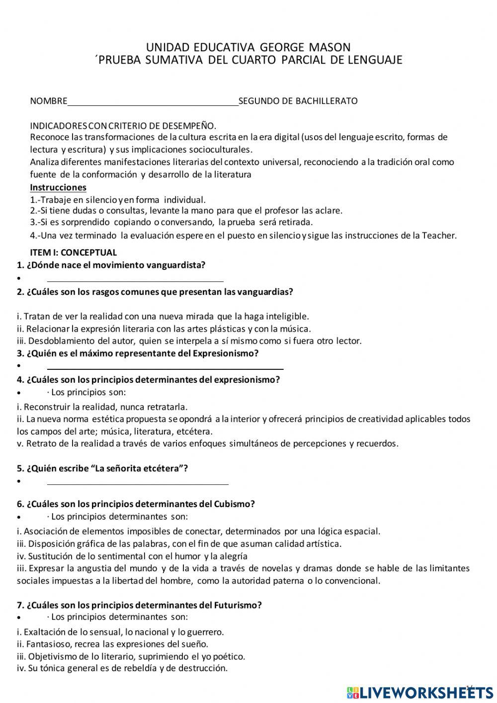 Prueba sumativa del cuarto parcial de lenguaje