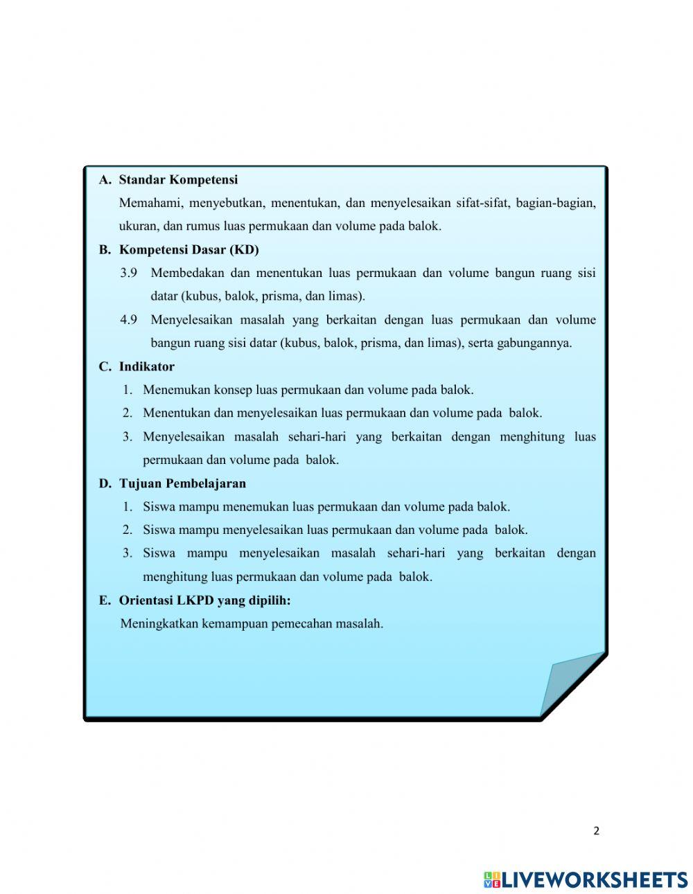 LKPD Luas Permukaan dan Volume Balok Kelas VIII