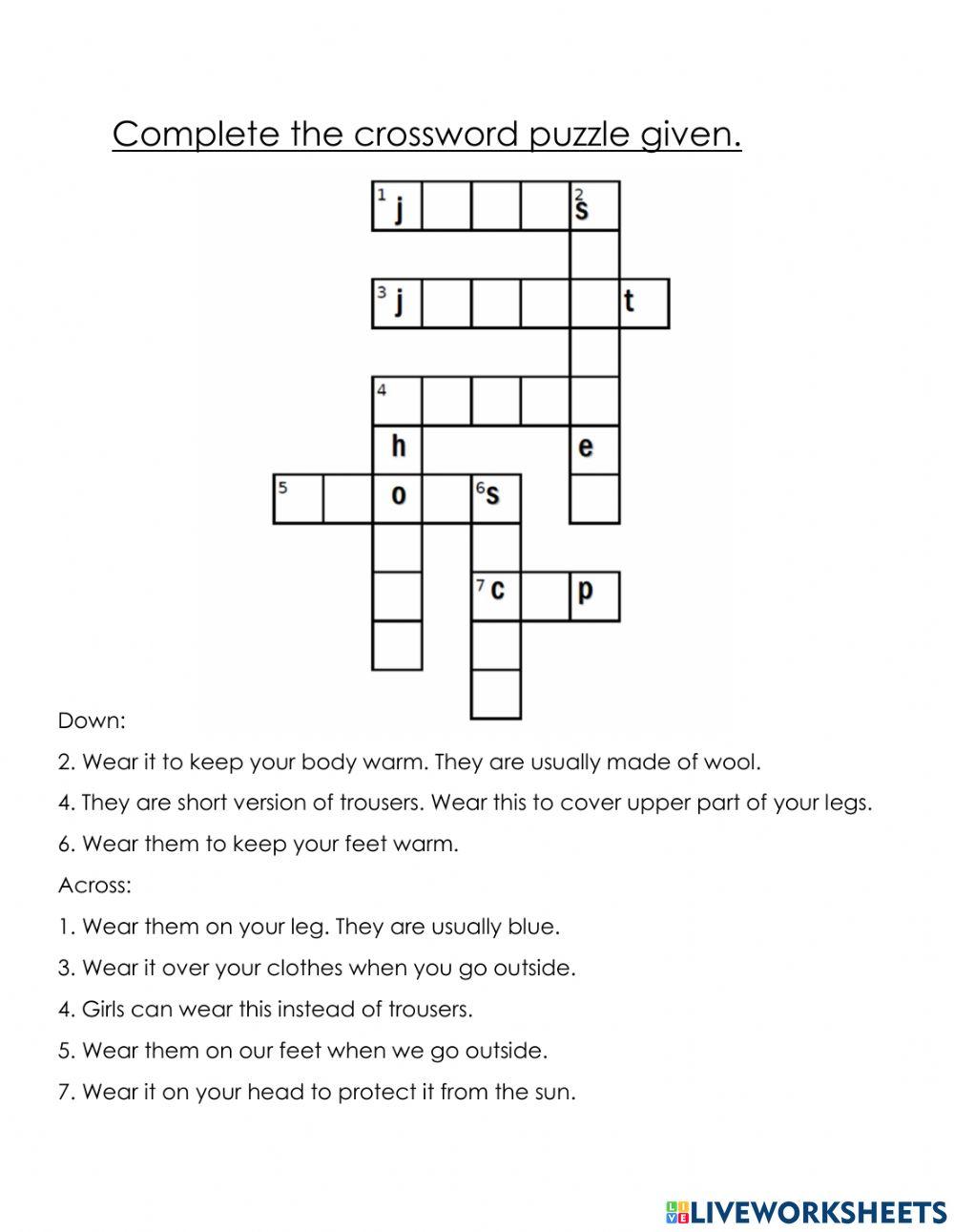 2382624 Class 1 EVS Clothes we wear Crossword Puzzle