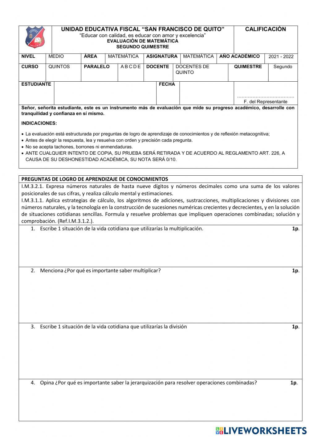 Evaluacion de Matematica 2do Quimestre