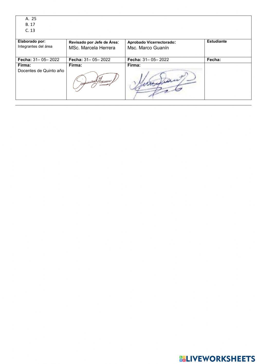 Evaluacion de Matematica 2do Quimestre