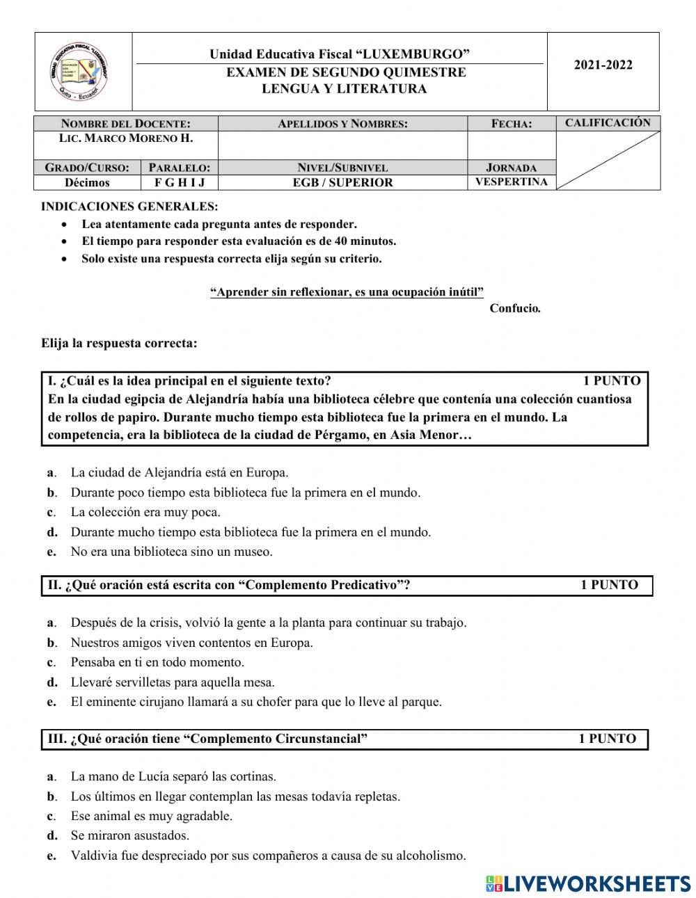 Examen online exercise for decimo | Live Worksheets