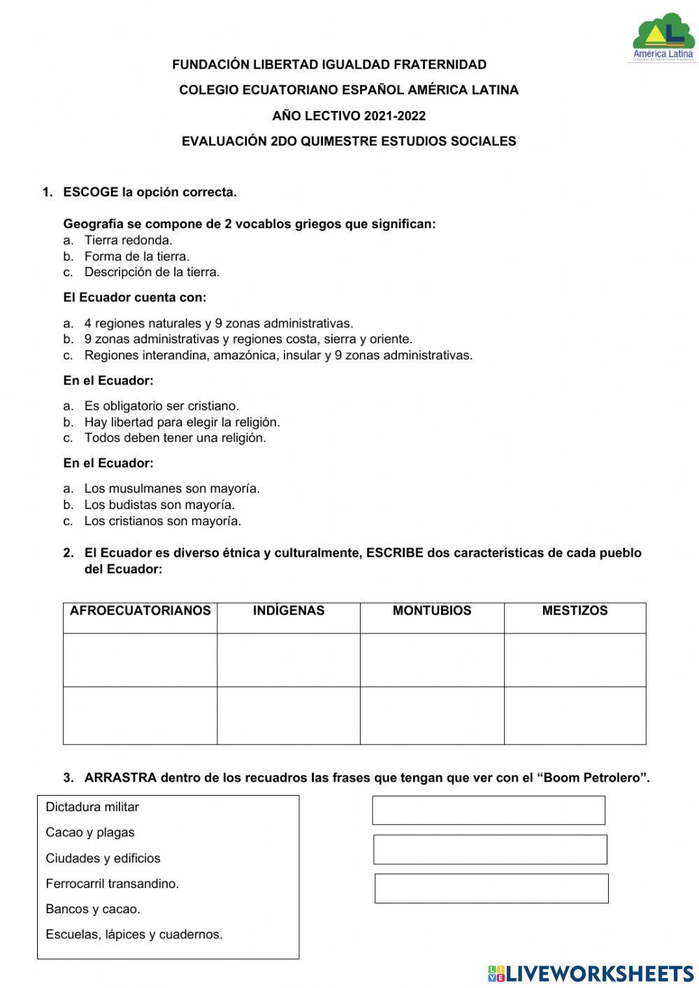 Evaluación Quimestral 7mo egb