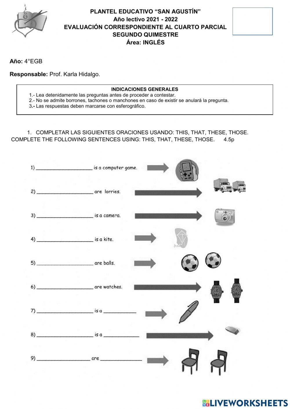 Examen de ingles 4to