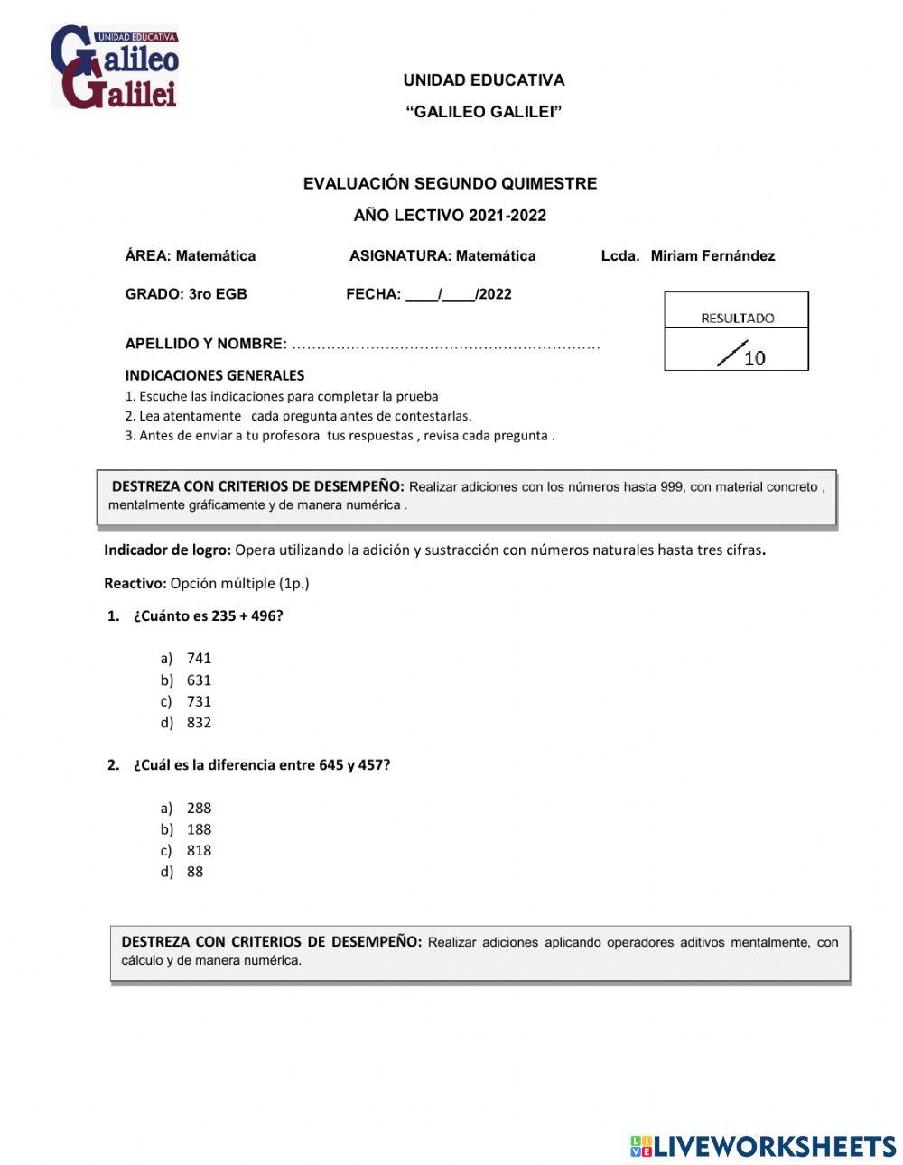 Evaluación quimestral matemática