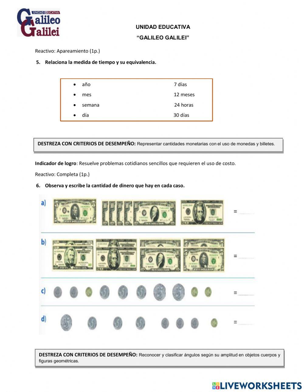 Evaluación quimestral matemática