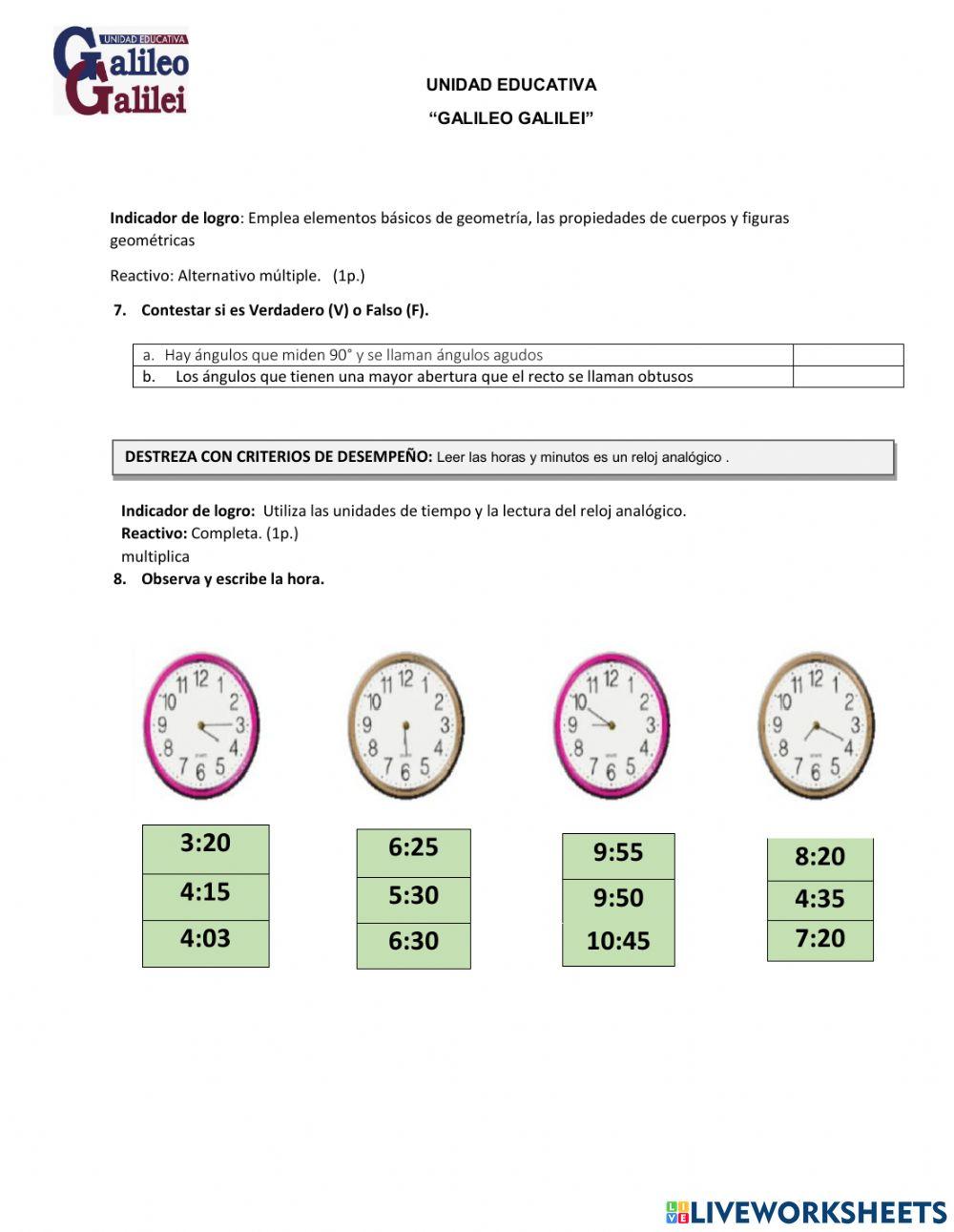 Evaluación quimestral matemática