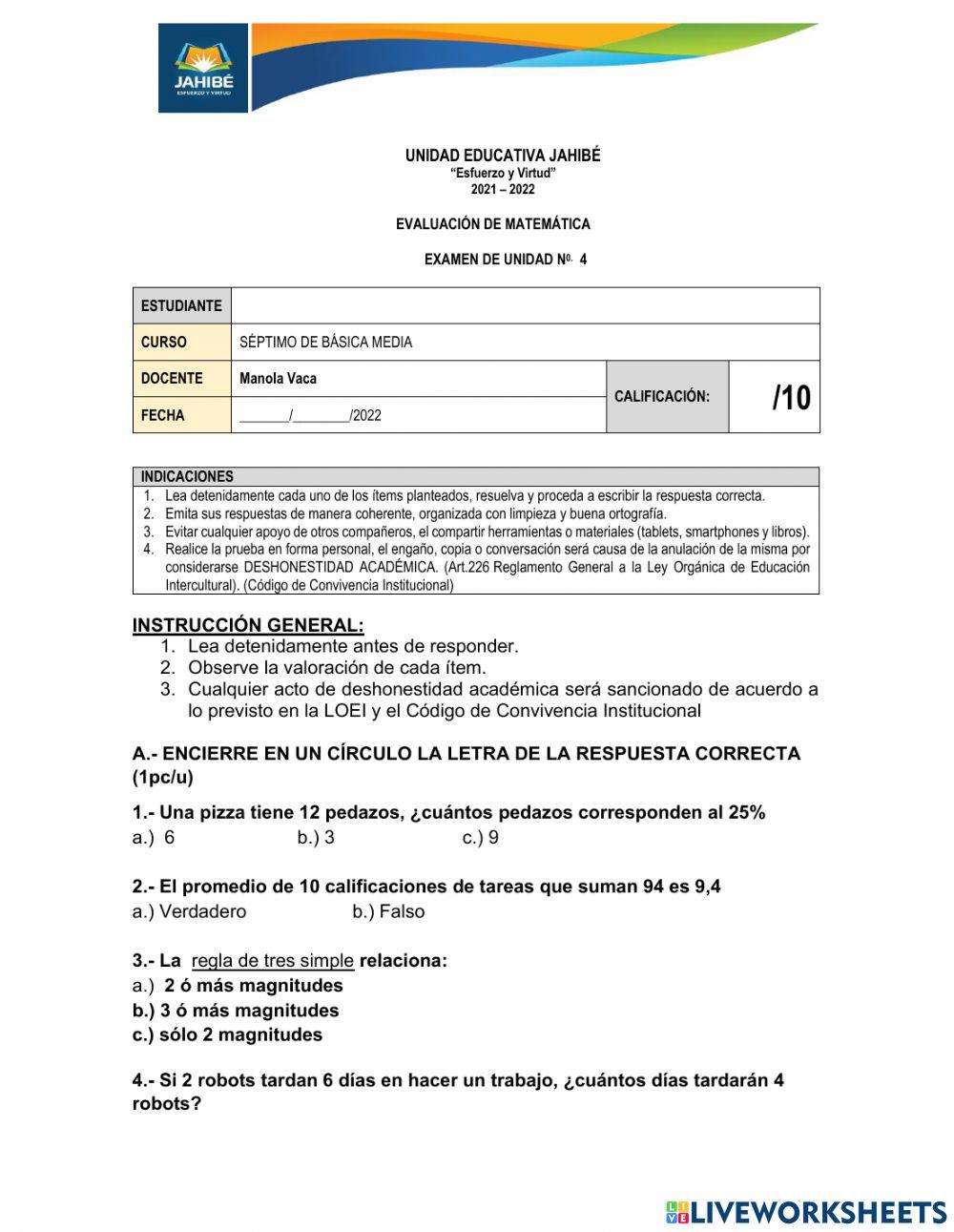 Evaluación unidad cuatro para séptimo